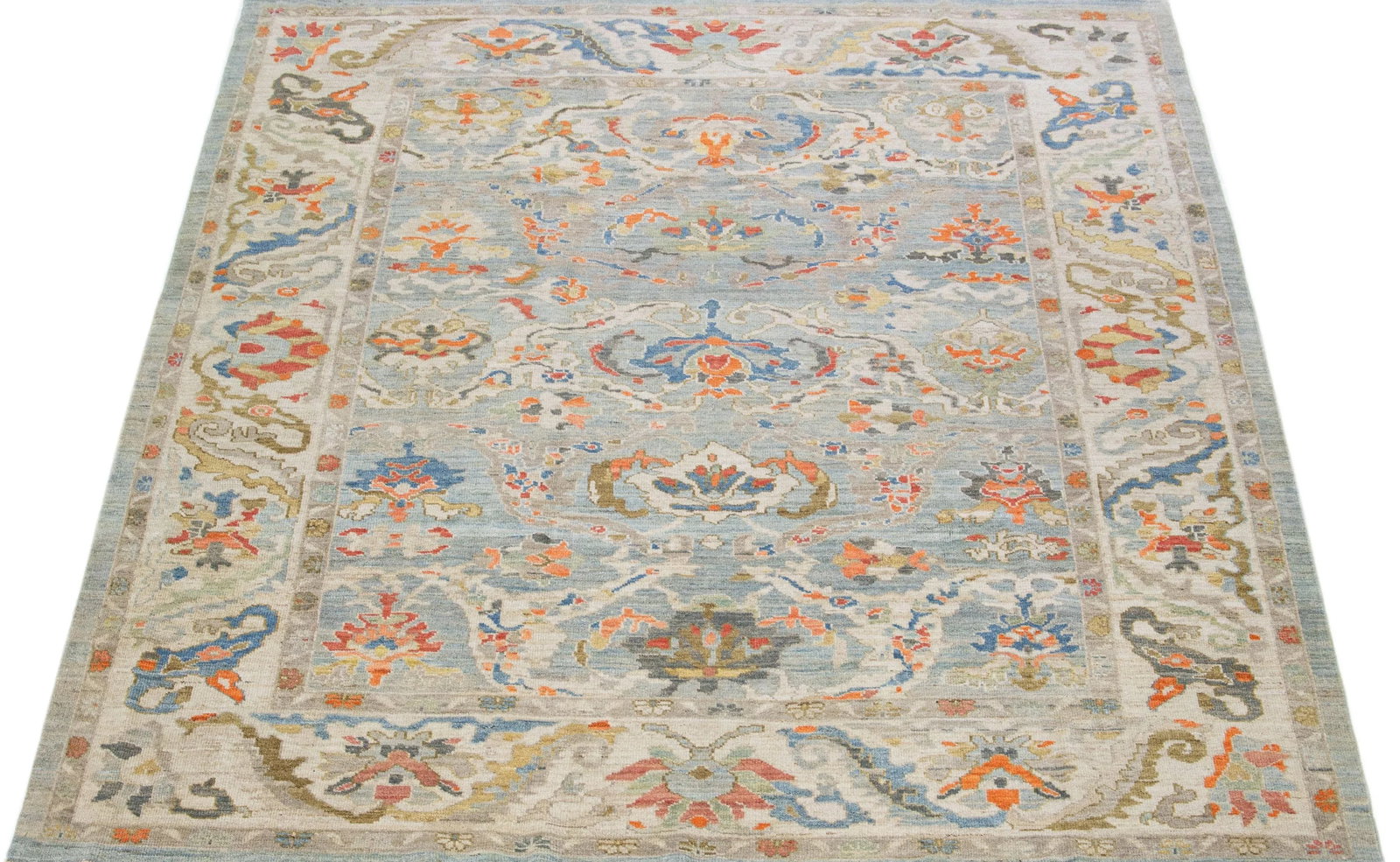Early 21st Century Handmade Modern Square Sultanabad Wool Rug in Blue With Floral Design - 3