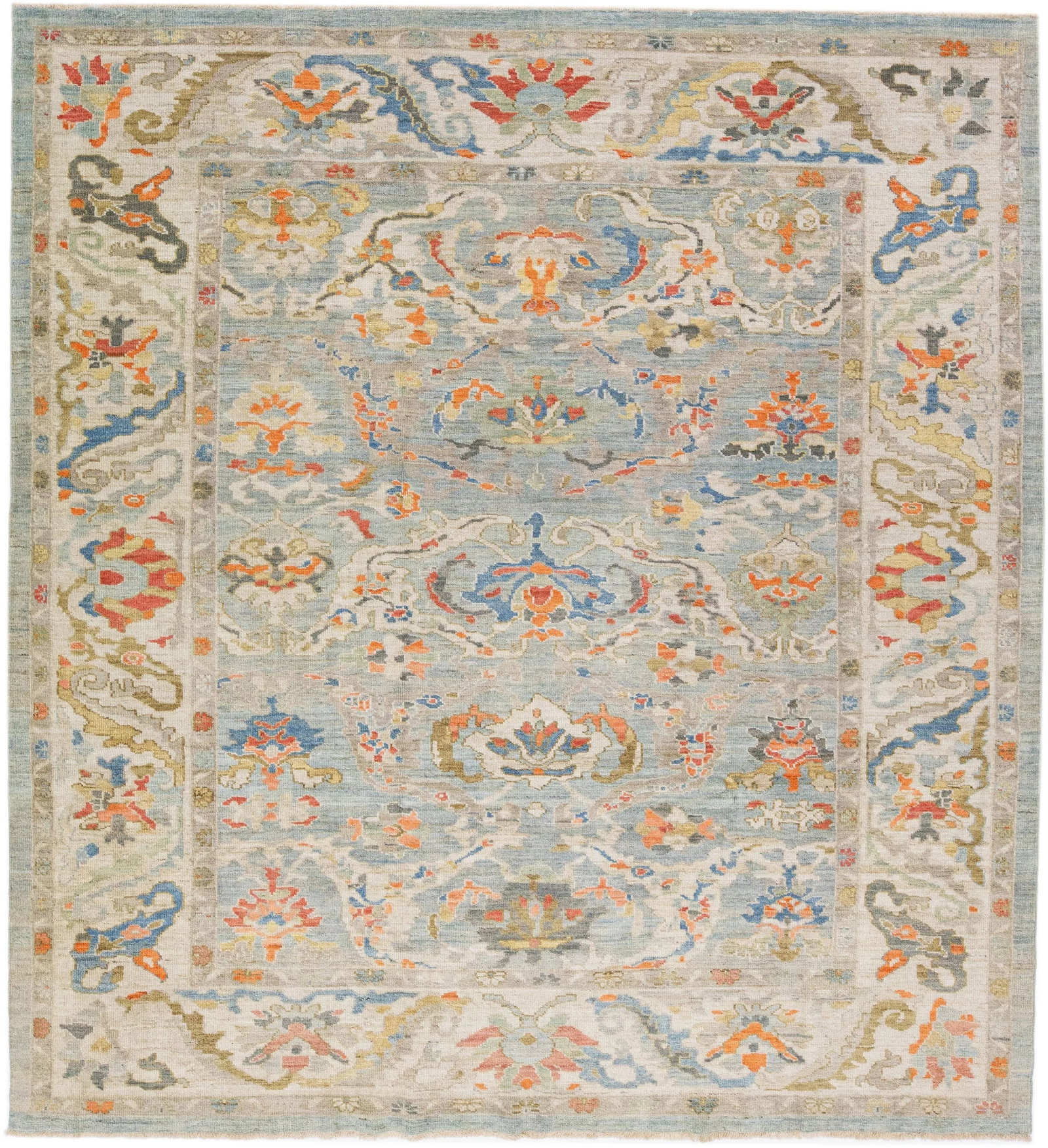 Early 21st Century Handmade Modern Square Sultanabad Wool Rug in Blue With Floral Design - 7