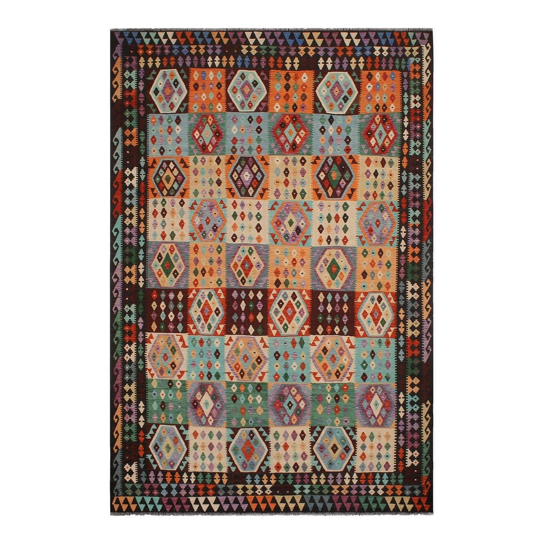 Early 21st Century Kilim Gray Brown Wool Rug: Add a touch of elegance to your home with this casual chic hand woven Tribal Kilim wool rug. Constructed on a loom by Nomad Turkman people with hand spun wool and 100% Natural Vegetable dyes these