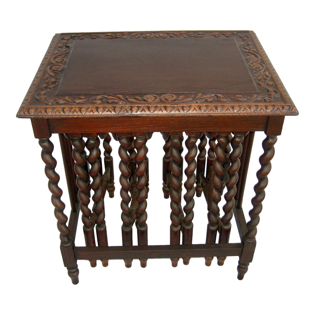 Early 20th Century Set of 5 Oak Nesting Tables: Very unusual set of nesting table , from one to five pieces in total this set come from Belgium view traces of a old label , , late 1800 to 1920 made out of oak wood , you will find four additional
