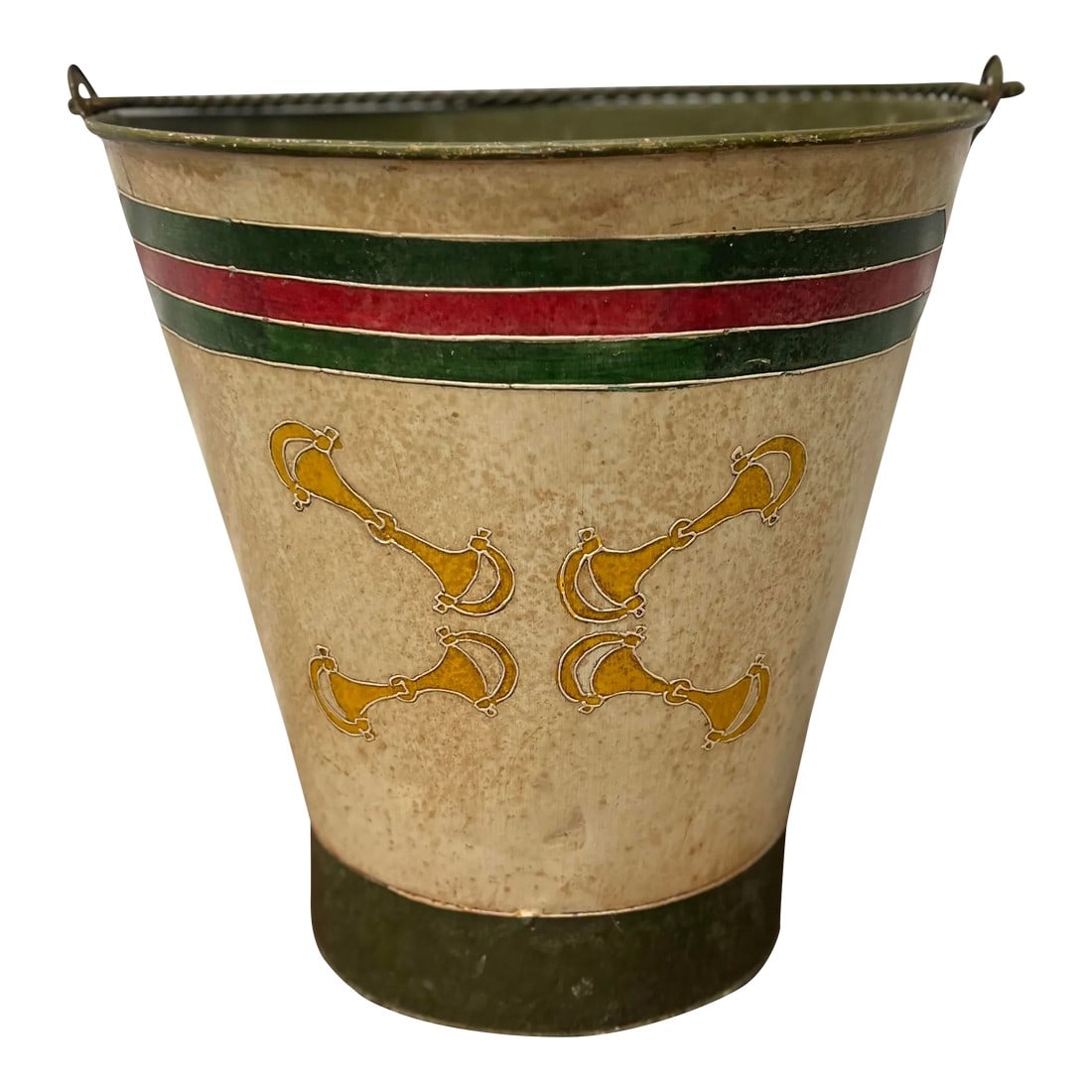 Vintage Gucci Style Hand Painted Horse Bit Bucket or Trash Can: A unique and captivating vintage find: a hand-painted bucket or trash can that exudes the iconic style and sophistication reminiscent of Gucci. This extraordinary piece stands as a testament to the fu