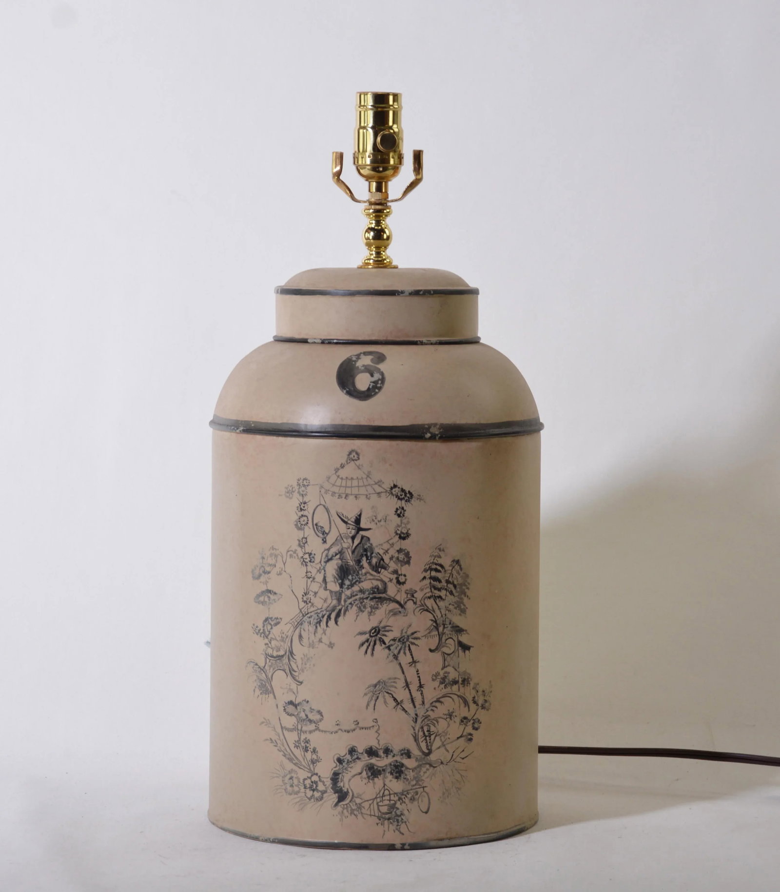 Vintage English Export Tea Caddy Hand-Painted Chinoiserie Figurines Table Lamp - 2