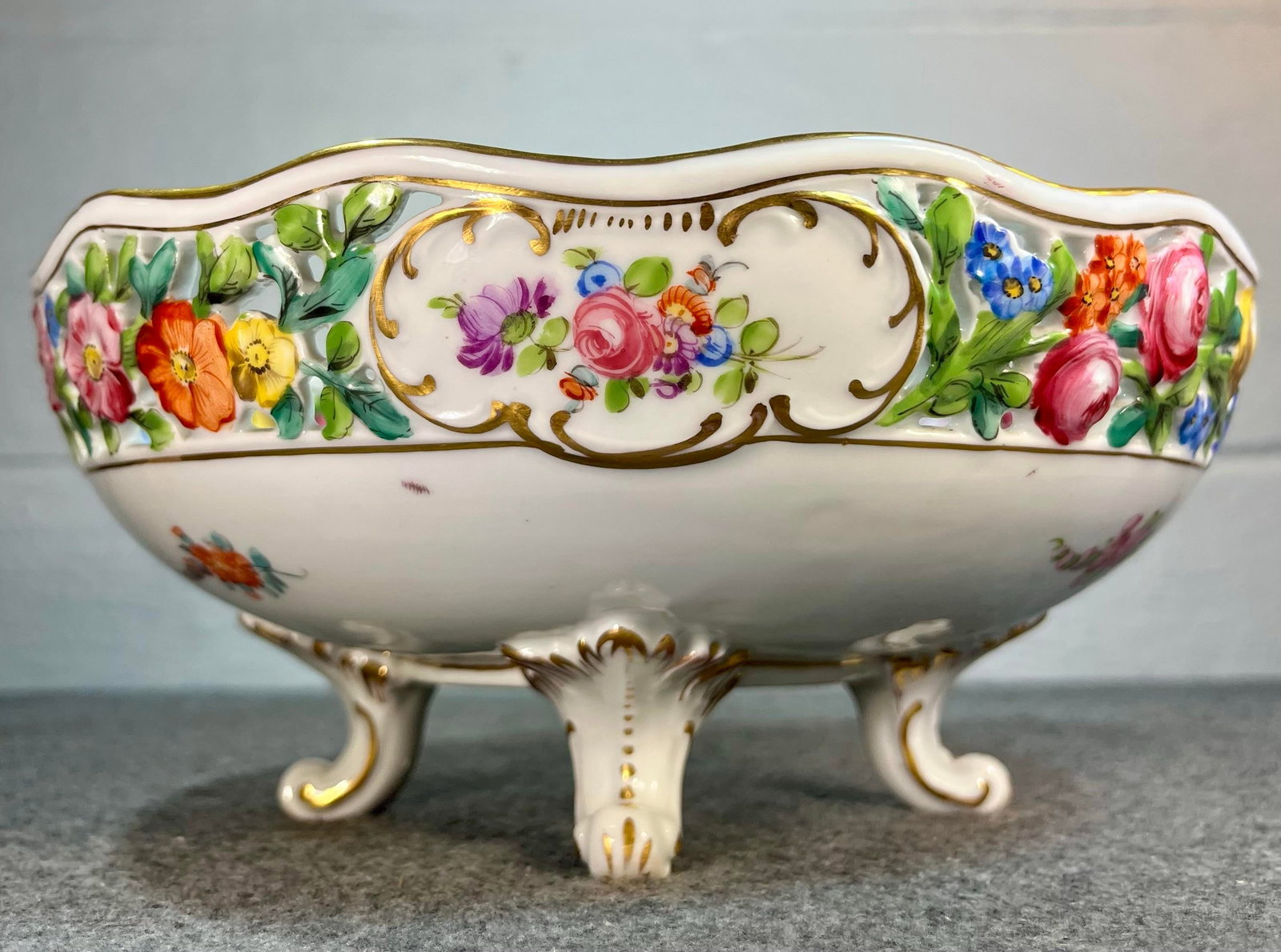 Antique Dresden Footed Reticulated Porcelain Bowl - 7