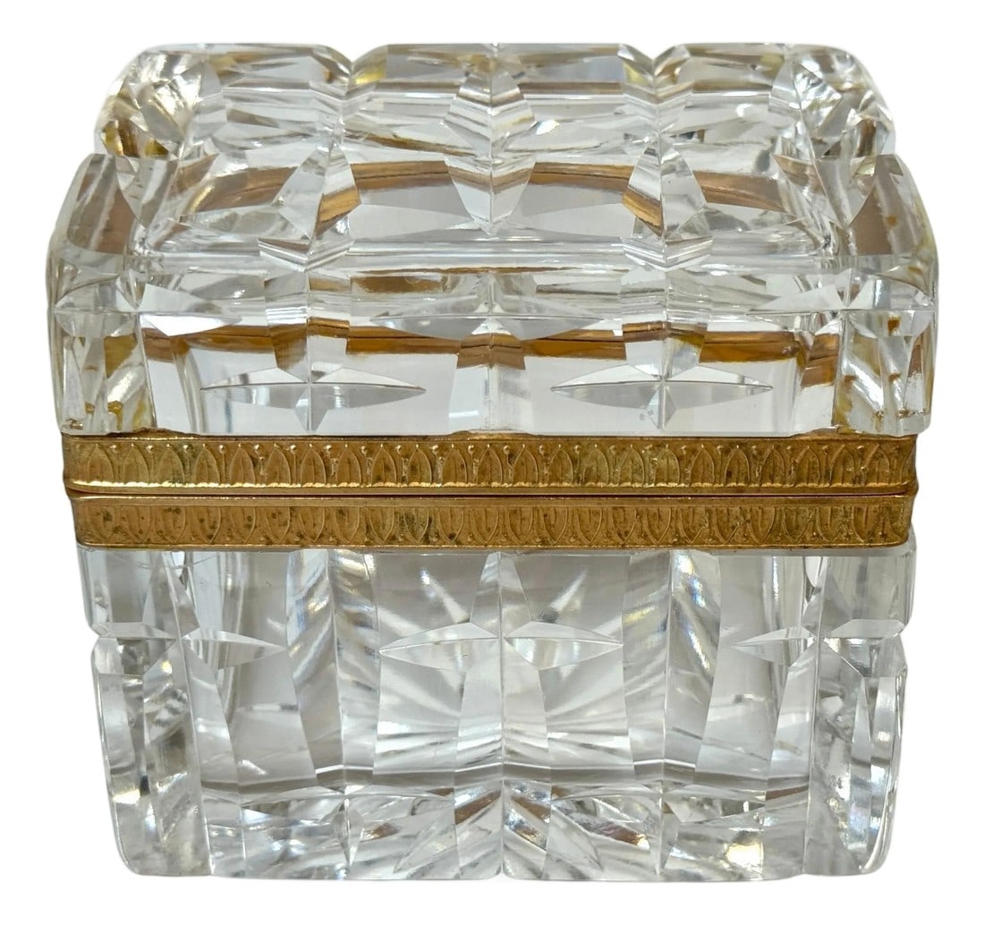 Charles X Style French Ormolu Optic Cut Crystal Box, Signed Lehmann France: Charles X Style French Ormolu-Mounted Optic Cut Crystal Casket Box, Signed Lehmann France, circa 1900–1920 A fine French crystal and gilt bronze casket box, square in form, measuring 4" W ×