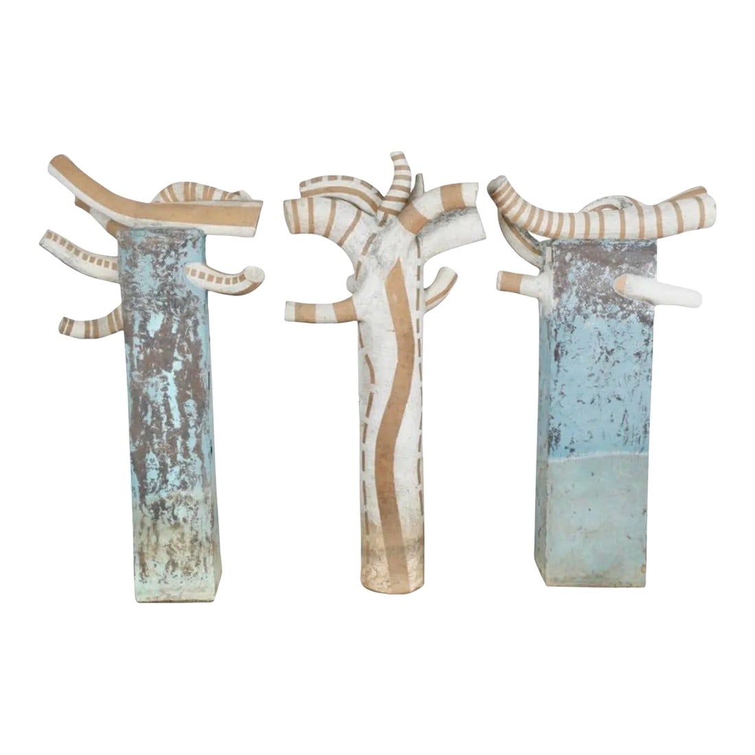 Large Concrete Vintage Set of 3 Outdoor Pedestal Decor: Set of 3 outstanding large pieces of outdoor art. Bought them in Malibu,Ca in an amazing home with gorgeous views. Great design and style. Has signs of outdoor and weather use. Great vintage colors.