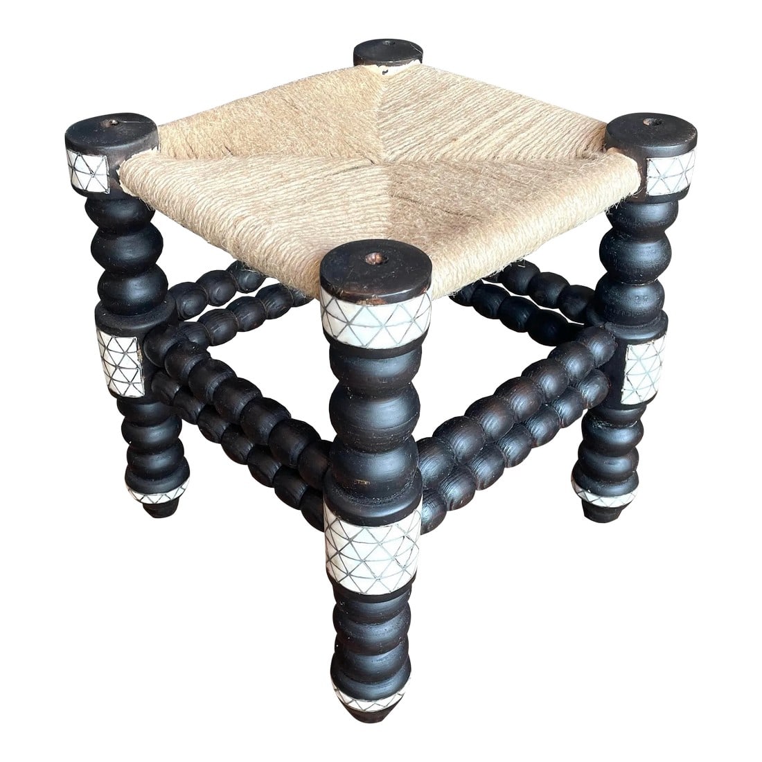1990s Vintage Mother of Pearl Inlaid Stool: Very nice and adorable little mother of pearl inlaid stool with natural organic fiber seat. The ebanized wood inlaid with white natural mother of pearl and silver metallic wire wrapped around the