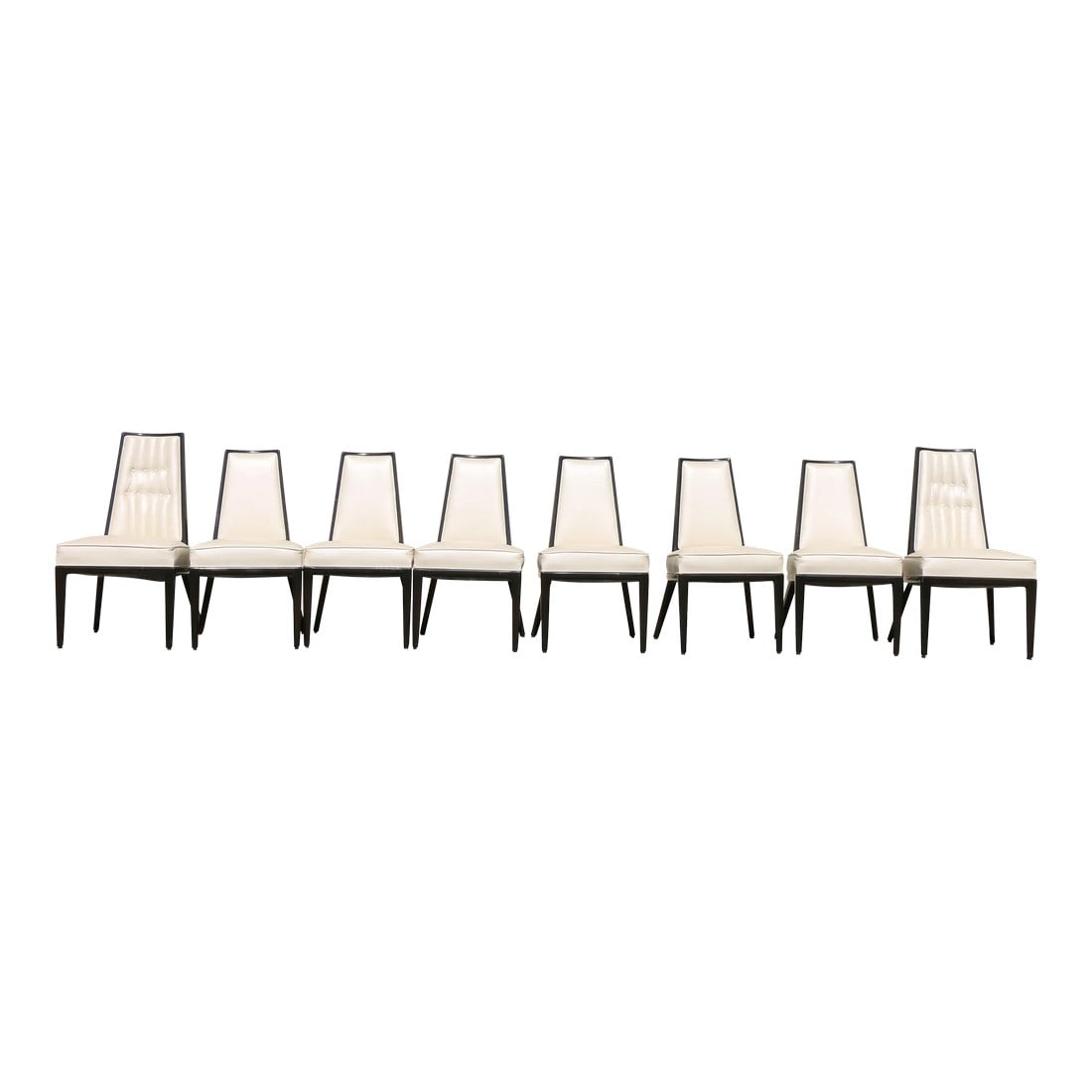 Monteverdi Young Set of 8 Dining Chairs: Wonderful set of 8 wooden base dining chairs with vinyl seats and back rest. This chairs are designed by Maurice Bailey for Monteverdi Young, (they have no label). They are in good used condition,