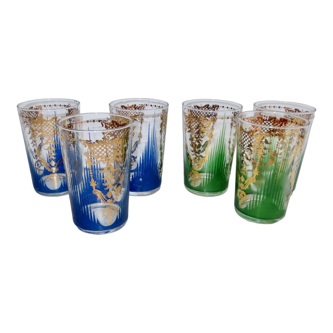 Moroccan Tea Glasses Vintage 50s-Set of 6: Moroccan Tae Glasses, vintage 50s'. Set of 6 in mixed colors of blue and green, 3 of each. An identical pattern of rising stria of blue or green rays wrapped in a Mirror gloss gold baroque pattern,