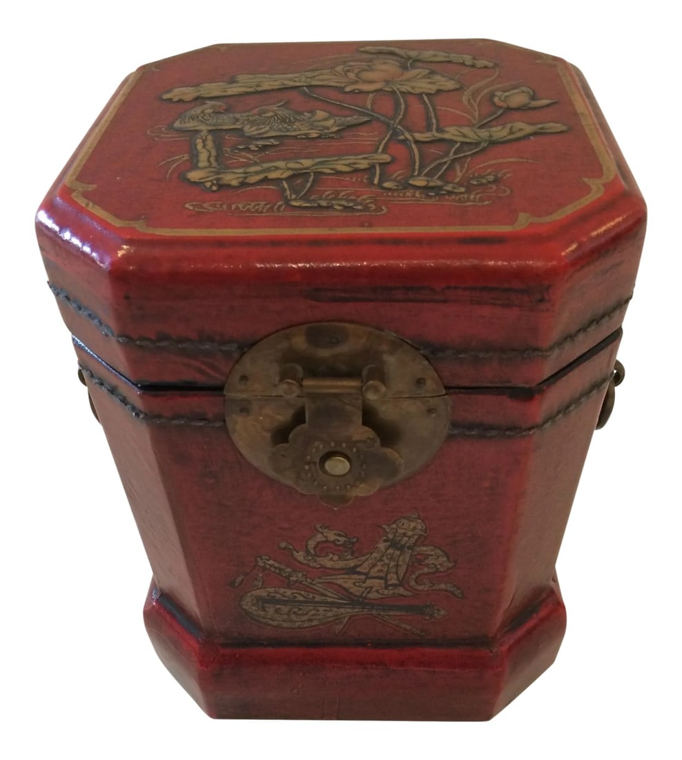 Chinoiserie Leather Embossed Decorative Box: Wonderful Chinese box in red, gold and black having a Chinoiserie painted design on embossed leather with original brass hardware . There's a removeable metal liner and the interior is lined in