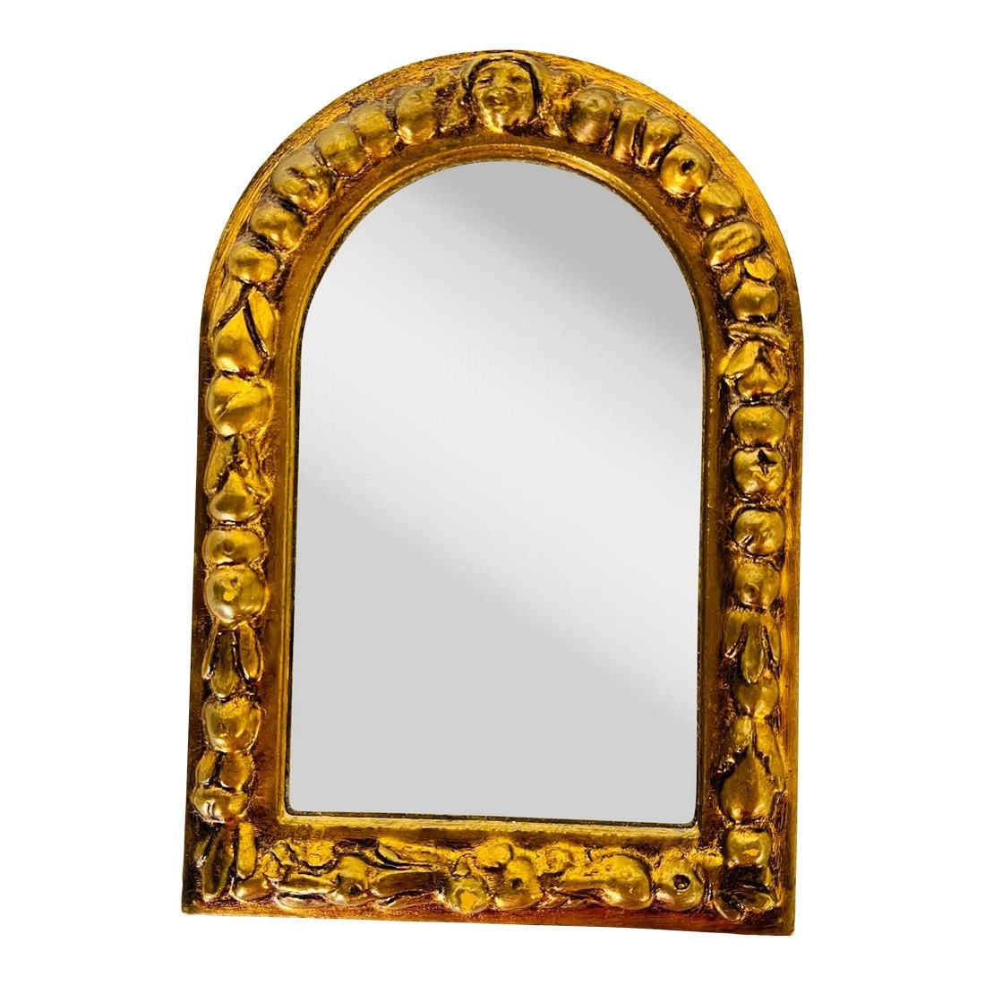 Rare Arch Shape Giltwood Italian Florentine Wall Mirror: Rare arch giltwood Italian Florentine wall mirror with surround of apples and pears. The pediment top smiling face. Marked made in Italy. Condition: Alterations: Original Condition Unaltered