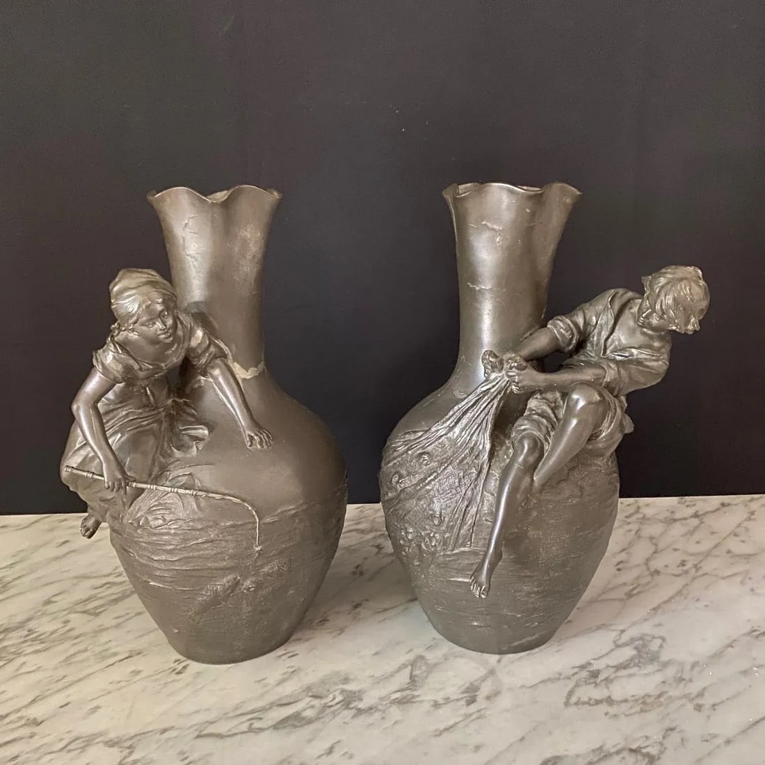 Auguste Moreau Signed French Art Nouveau Sculptural Vases -A Pair - 13