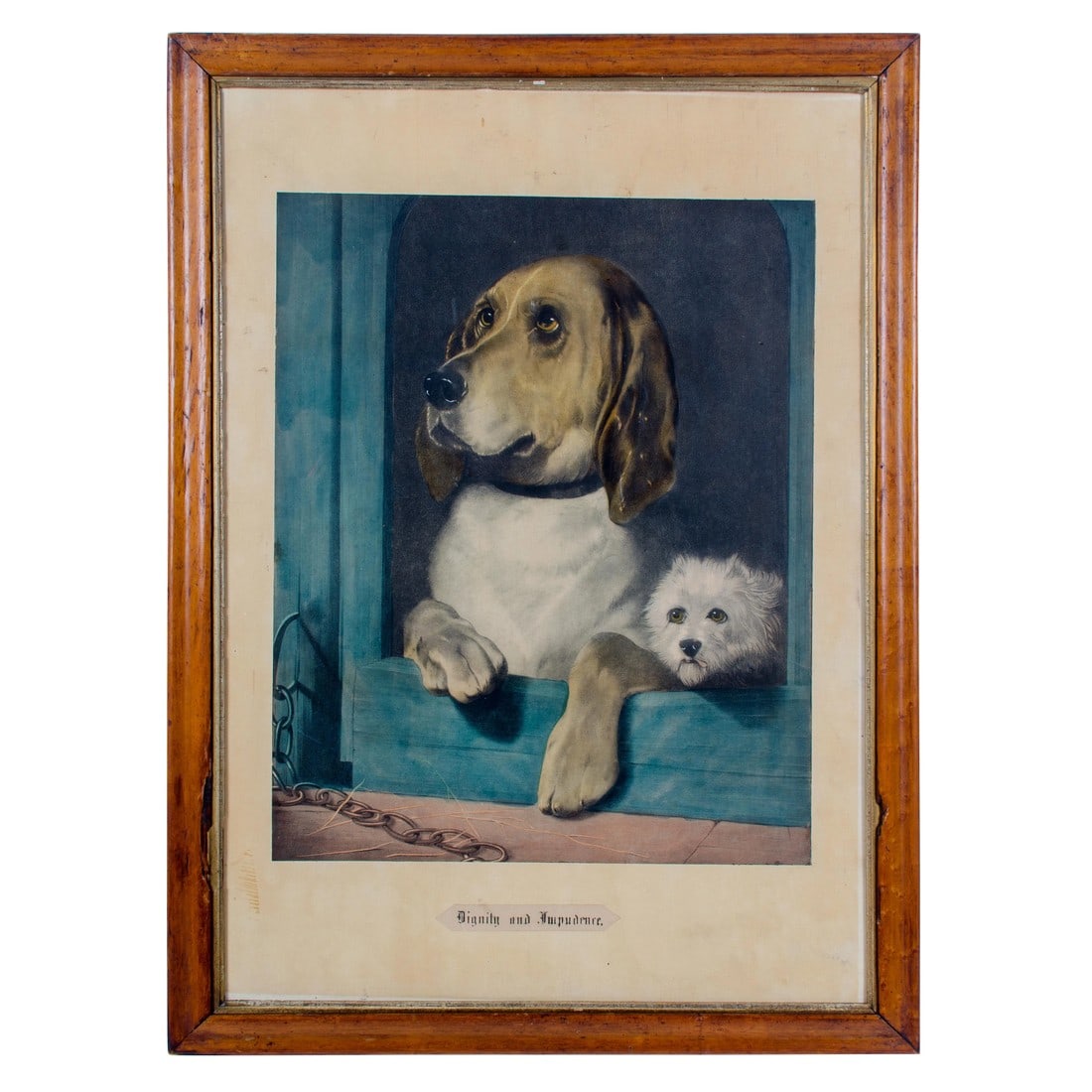 Dignity and Impudence Dog Lithograph Print by Sir Edwin Henry Landseer: Offered is an antique print after the 1839 painting by Sir Edwin Henry Landseer entitled "Dignity and Impudence". The image features a bloodhound and a small terrier. Sight 20 Â½ by 29