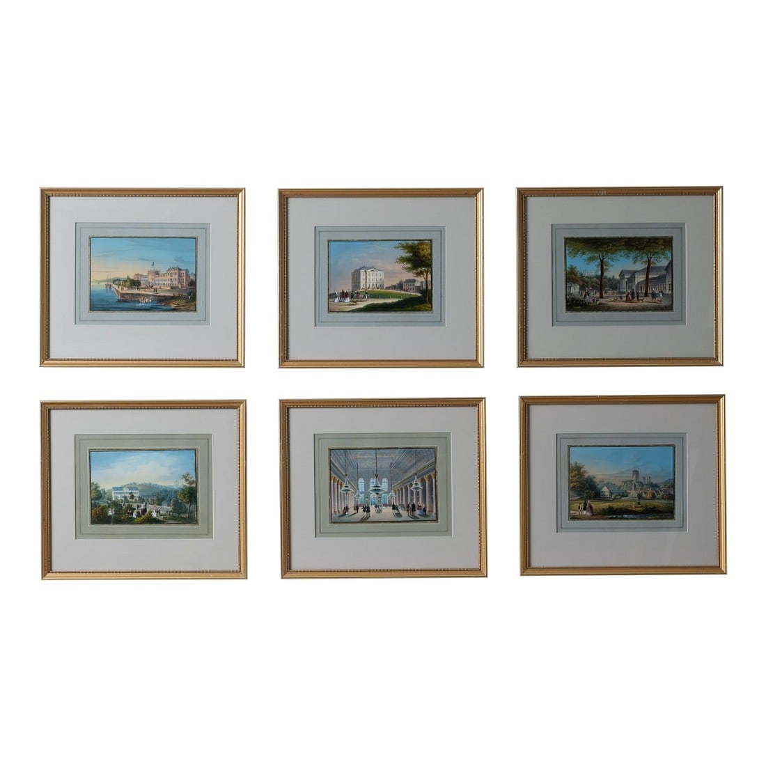Hand-Painted Engravings of Wiesbaden After Jan Simon Voddiggel, 1852: Jan Simon Voddiggel (Amsterdam, 1820-1862) A collection of six steel engravings depicting the enchanting scenes of Weisbaden, Germany, as envisioned by the Dutch artist Jan Simon Voddiggel. Each