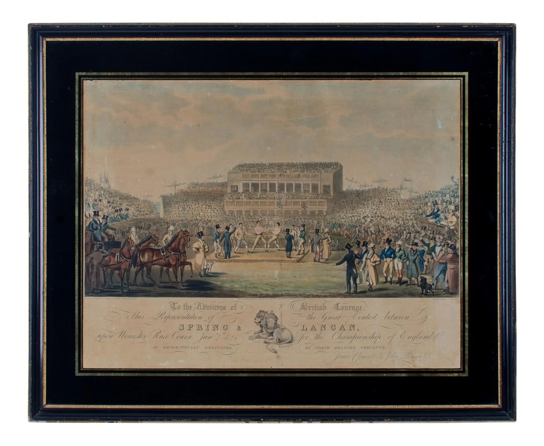 19th Century English Boxing Scene Aquatint Etching Print by Clements & Pitman: Spring and Langan English boxing scene aquatint etching Drawn and etched by James Clements & John Pitman. Worcester; Published March 22, 1824 by James Clements & John Pitman at 184 Fleet Street,