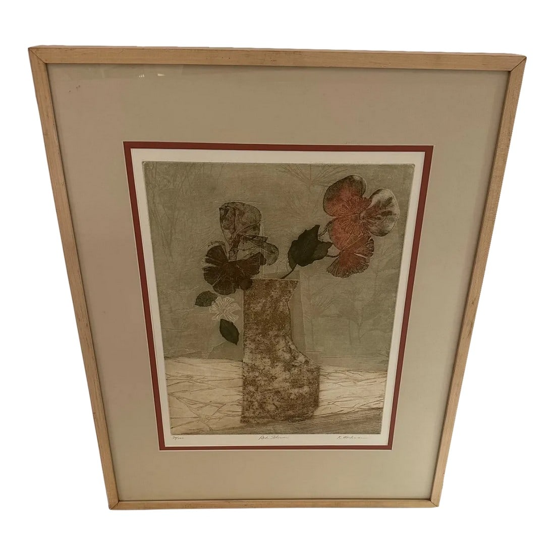 Limited Edition Contemporary Floral Etching Red Flower: Original ethereal etching titled Red Flower 74/200, Signed lower right K Hockman Kitty Hockman is an accomplished NYC based artist who has studied with many professional artists as well as the Art