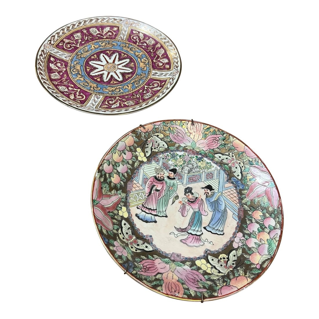 1970s Chinoiserie Asian Style Plates - a Pair: These Asian plates carry the essence of a rich culinary heritage, making them the perfect canvas for serving your favorite dishes from the East. Condition: Alterations: Original Condition Unaltered