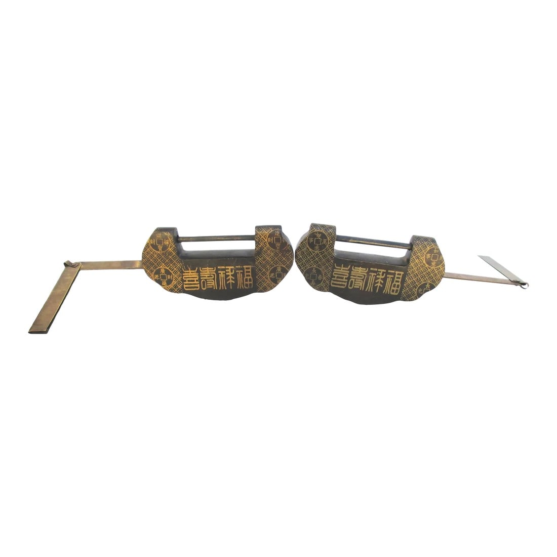 Matching Pair of Bronze Chinese Padlocks- Pair of 2: Matched pair of working Chinese padlocks, Traditional design with a push-through key to open the mechanism and push the lock pin back. Simple but very effective and robust. The sides are covered in