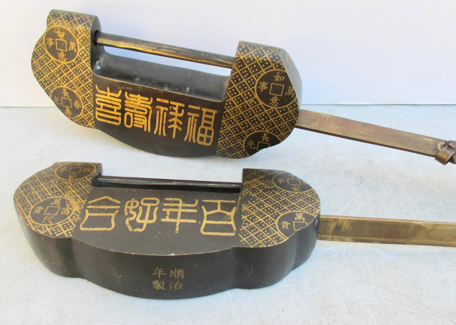 Matching Pair of Bronze Chinese Padlocks- Pair of 2 - 3