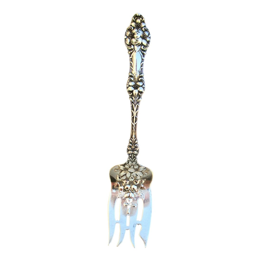 Antique Art Nouveau Sterling Serving Fork by Alvin Silver Circa 1905: Sterling large cold meat fork pattern Orange Blossom. Circa 1905 by Alvin Silver Co. Beautiful long scrolling orange design with fabulous Art Nouveau style, lavish flowers cluster in a high style