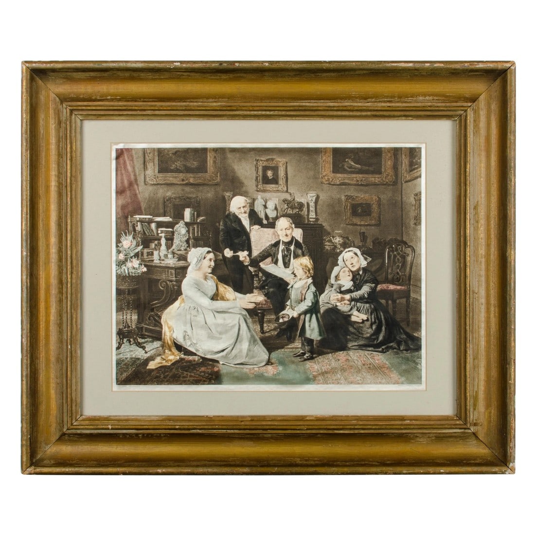 Antique "The Adoption" Print on Silk by Georg Waldmuller: Offered is an antique reproduction on silk of Ferdinand Georg WaldmÃ¼ller's 1847 painting entitled "the Adoption". sight 13 by 16 1/2 inches frame 21 by 25 inches Condition: Alterations: