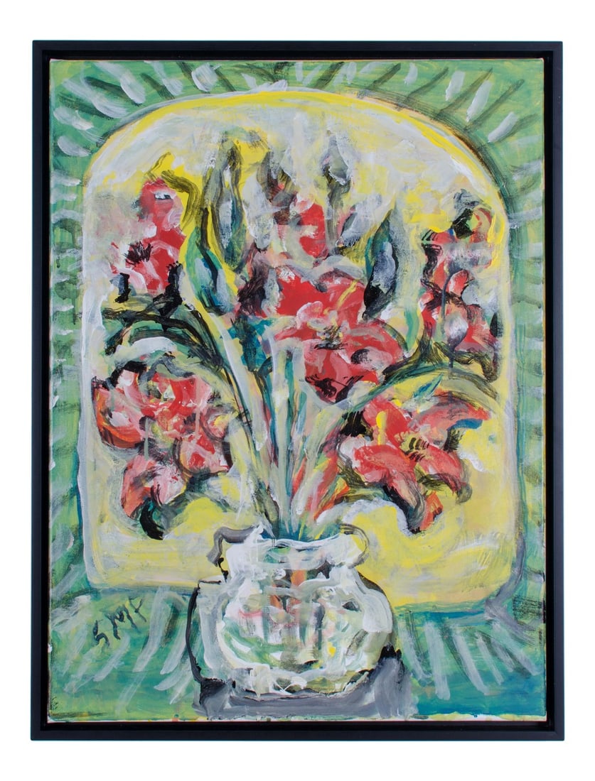 Abstract Oil Painting on Canvas, "Tiger Lillies" by Suzanne McCullough Plowden: Offered is an oil on canvas by Suzanne McCullough Plowden titled "Tiger Lillies". Signed lower left, SMP Sight 18 by 24 inches Frame 19 Â¼ by 25 Â¼ inches Newly framed in black