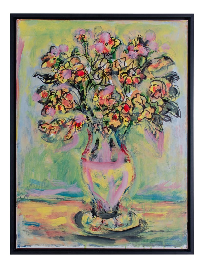 Abstract Oil Painting on Canvas, "Yellow Peonies" by Suzanne McCullough Plowden: Offered is an oil on canvas by Suzanne McCullough Plowden titled "Yellow Peonies". Signed lower left (painted over), SMP Sight 18 by 24 inches Frame 19 Â¼ by 25 Â¼ inches Newly