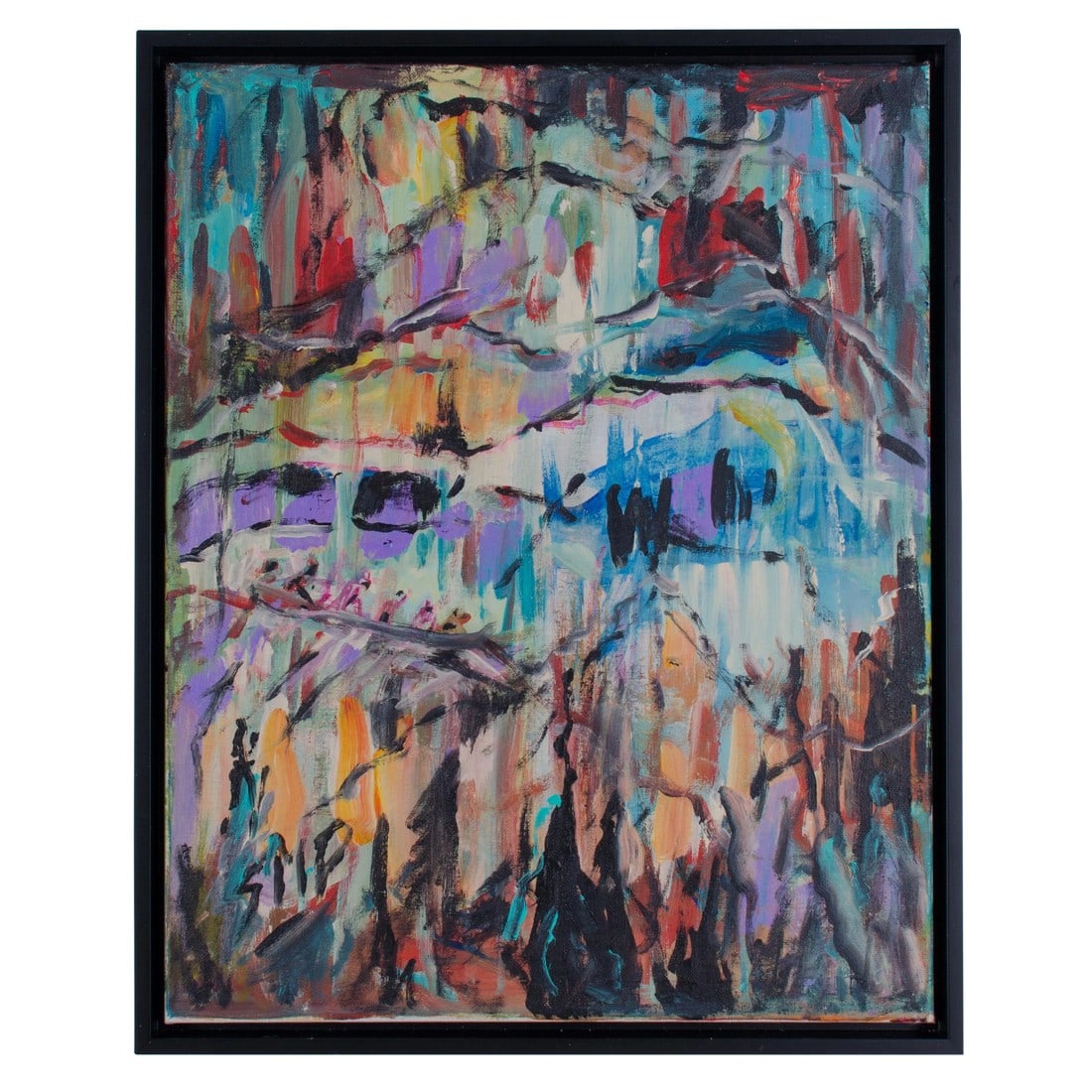 Abstract Oil Painting on Canvas, "Toboggan in the Snow" by Suzanne McCullough Plowden: Oil on canvas by Suzanne McCullough Plowden titled "Toboggan in the Snow", 2013. Signed lower left, SMP Sight 16 by 20 inches Frame 17 Â¼ by 21 Â¼ inches Newly framed in black
