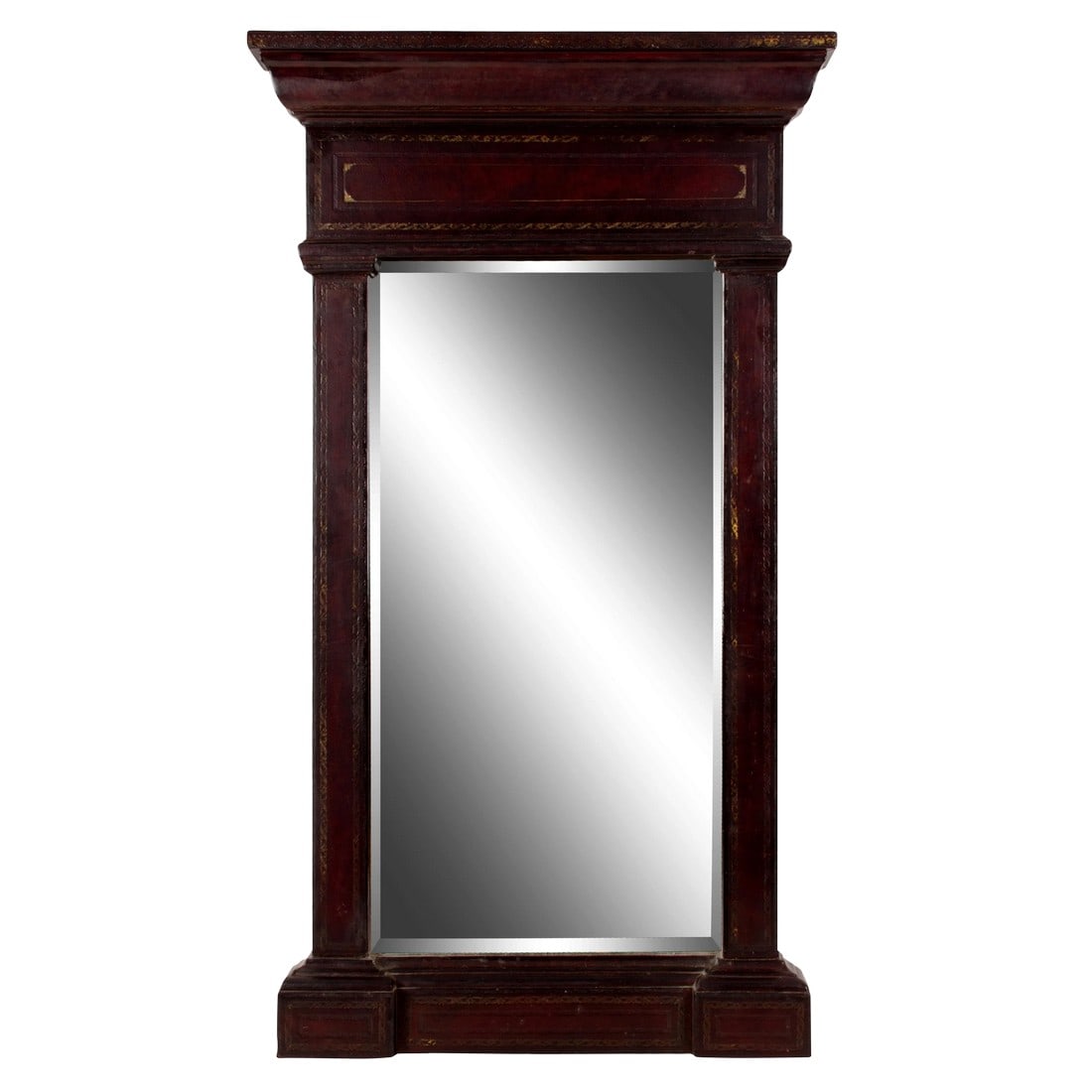 20th Century English Traditional Maitland-Smith Gilt Embossed Leather Mirror: A Maitland-Smith gilt embossed leather mirror. A one-of-a-kind finely crafted, very heavy piece. Condition: Alterations: Original Condition Unaltered Imperfections: Some Imperfections Condition