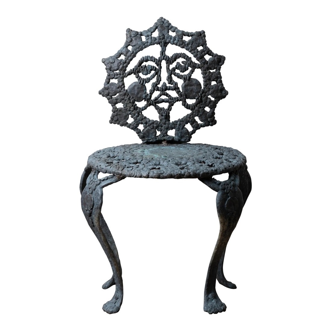 Sculpted Bronze Sun Face Chair: A sculpted bronze sun face chair, mid 20th century. Unknown maker. 23 inches wide by 21 Â½ inches deep by 37 inches tall; seat height 19 Â½ inches Weighing 100 lbs. Condition: