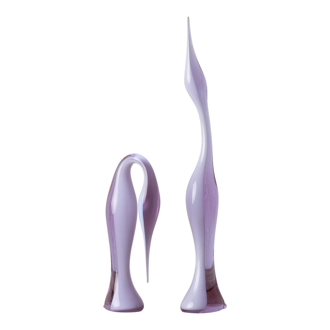 Renato AnatrÃ Murano Alexandrite Glass Birds - a Pair: Renato AnatrÃ (Italian, b.1943) A pair of Alexandrite glass birds. Signed underside with labels. 3 inches wide by 4 Â¼ inches deep; the largest, 24 inches tall; the smaller 13 inches