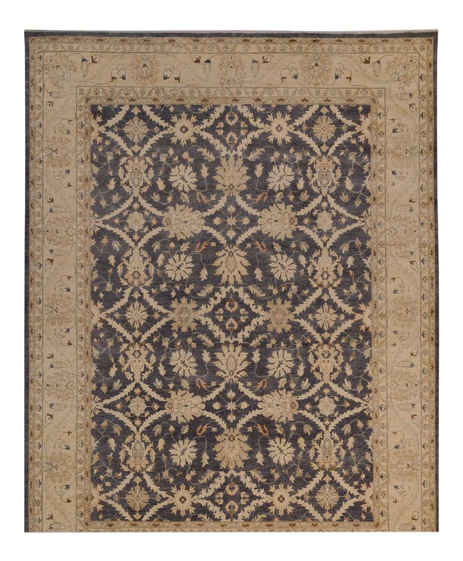 1990s Boho Chic Kafkaz Charcoal/Tan Hand-Knotted Rug - 11'10 X 15'1: This gorgeous transitional handmade rug follows an abstract pattern which exotically repeat like a continuous reflection. The intricate interlocking design with subtle use of color complemented with