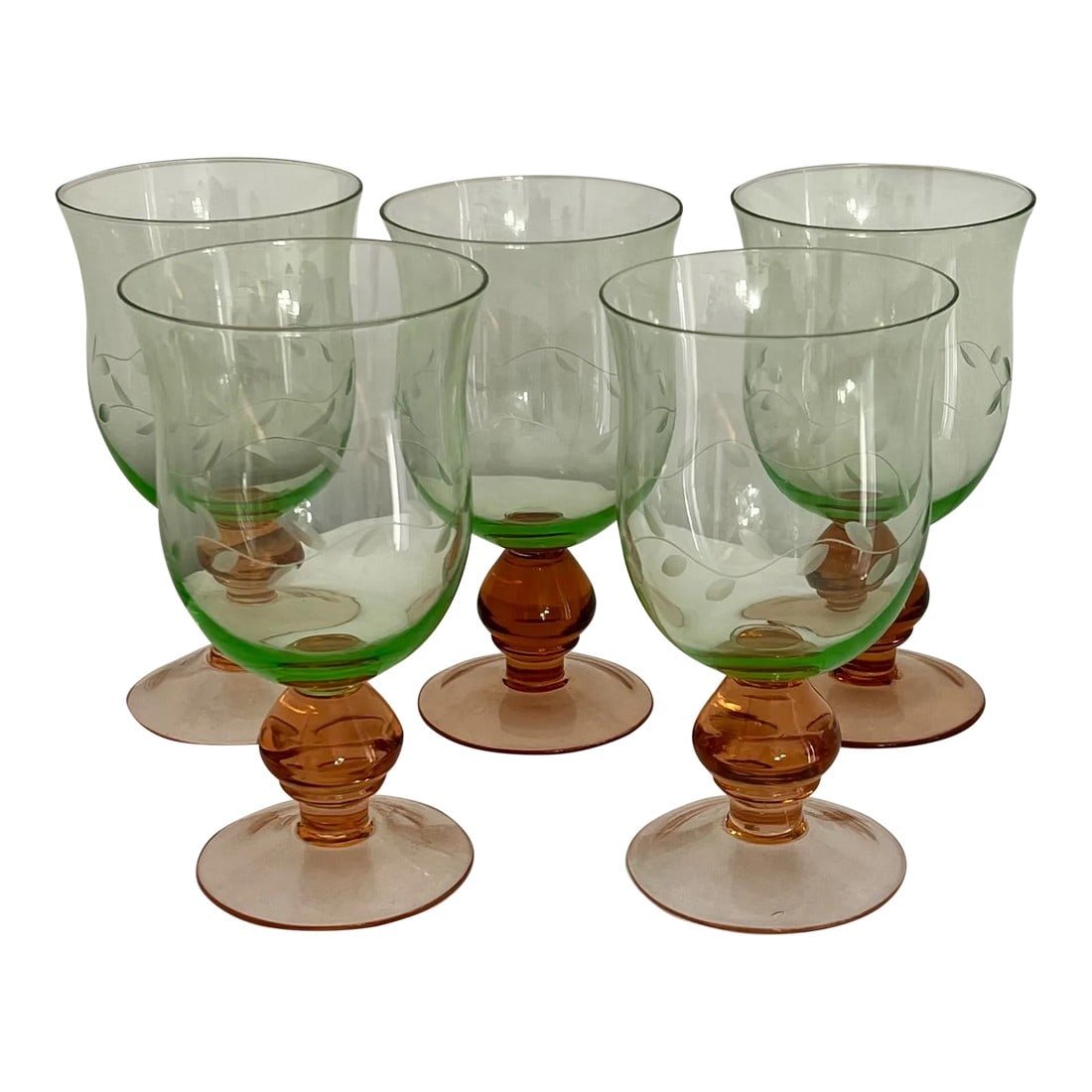 Vintage Green and Pink Etched Goblets - Set of 5: Vintage goblets with green glass and pink stem etched with a leaf pattern. Set of 5. Each measures 3.75" diameter x 7" h. Condition: Alterations: Original Condition Unaltered Imperfections: Some