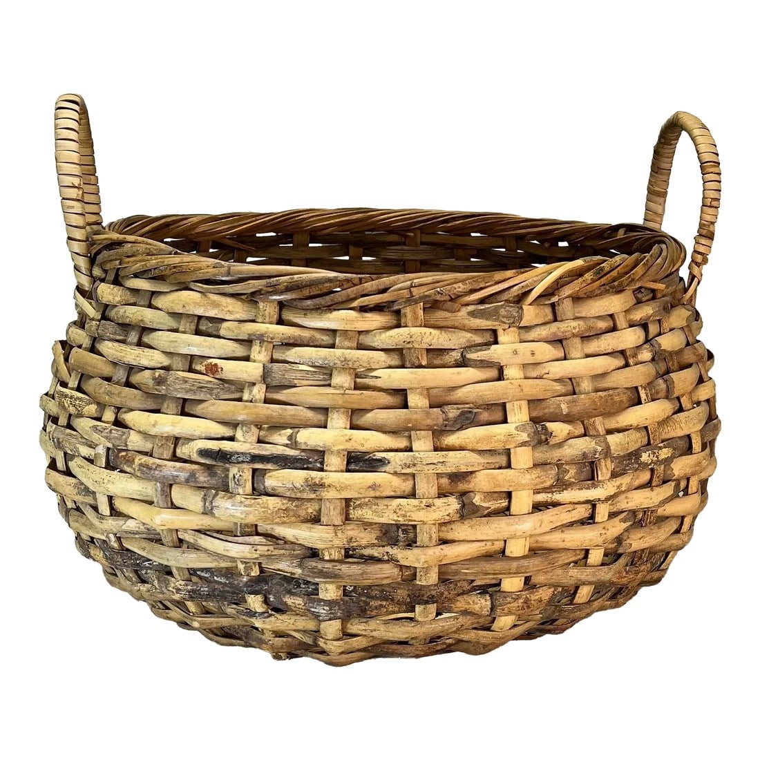 Vintage Split Bamboo Basket With Handles, Signed: Vintage round split bamboo basket with two handles. Great for kindling or small firewood, extra blankets, children or dog toys, and many other items. Measures 25.5" diameter x 12.5" h, 16" h at top
