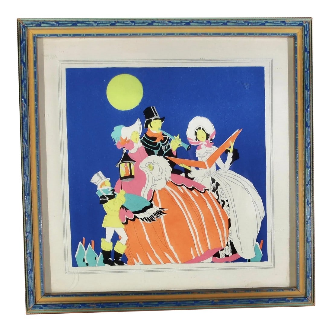 Art Deco Pochoir of Caroling Family on a Winter Night. Circa 1920-30s: Art Deco Pochoir of Caroling Family on a Winter Night. Circa 1920-30s. Beautifully colored art print with a deep royal blue sky and bright yellow moon and people singing and playing in a family quarte