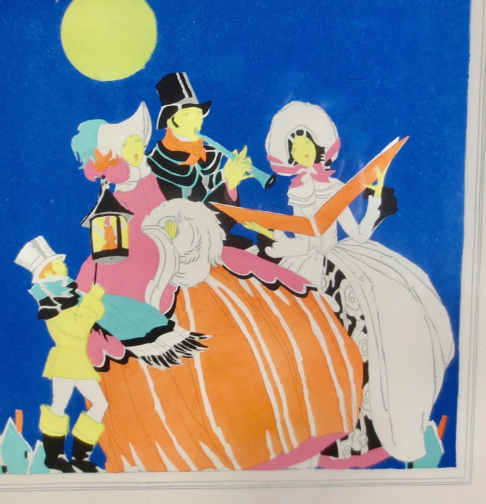 Art Deco Pochoir of Caroling Family on a Winter Night. Circa 1920-30s - 2