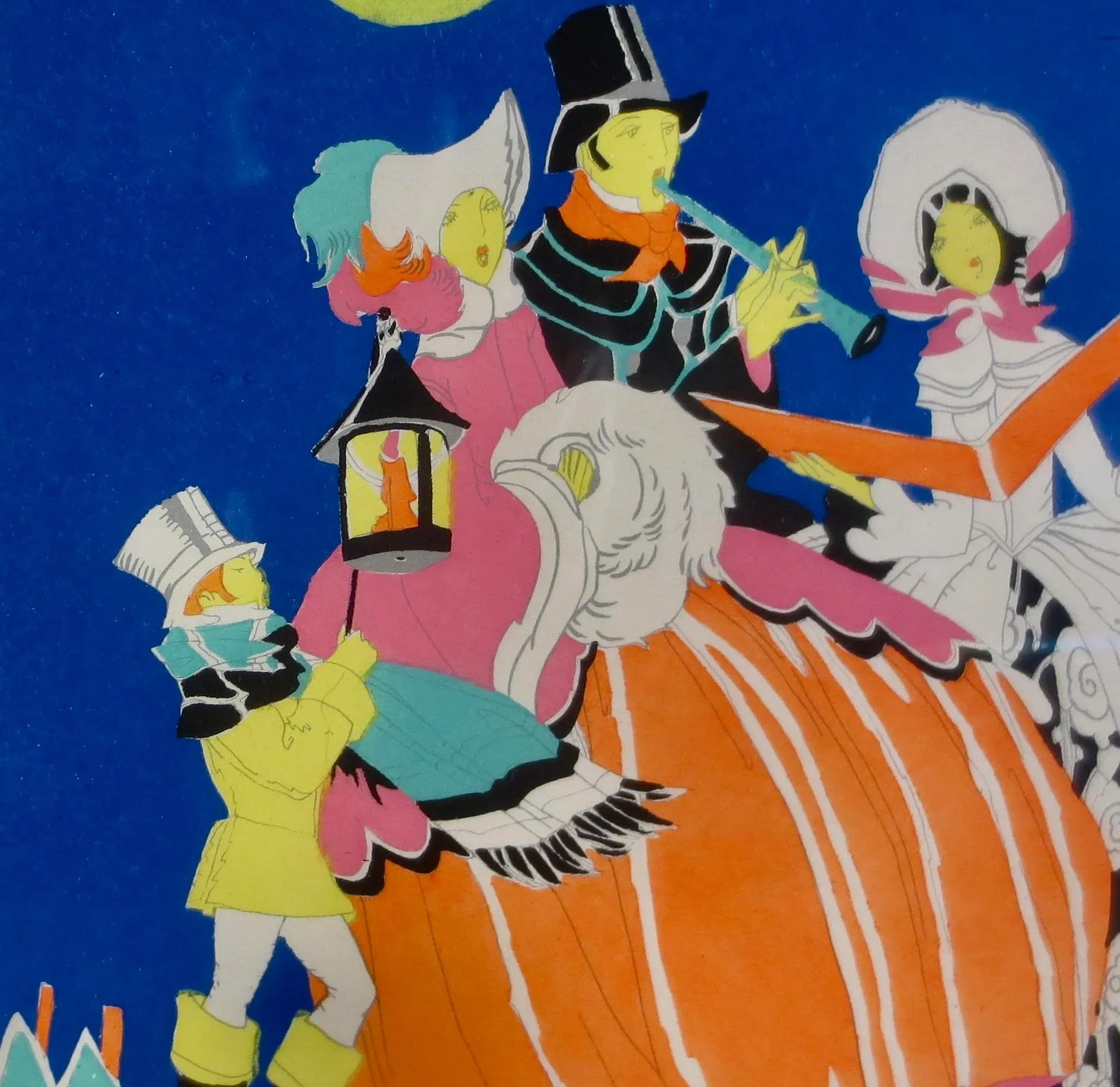 Art Deco Pochoir of Caroling Family on a Winter Night. Circa 1920-30s - 3