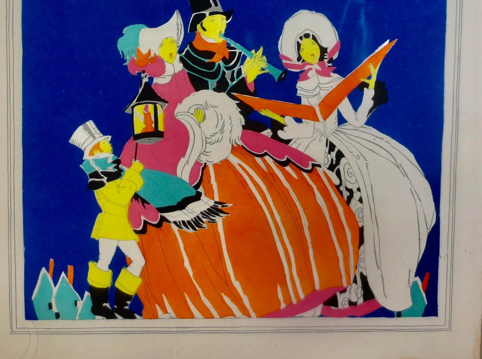 Art Deco Pochoir of Caroling Family on a Winter Night. Circa 1920-30s - 4