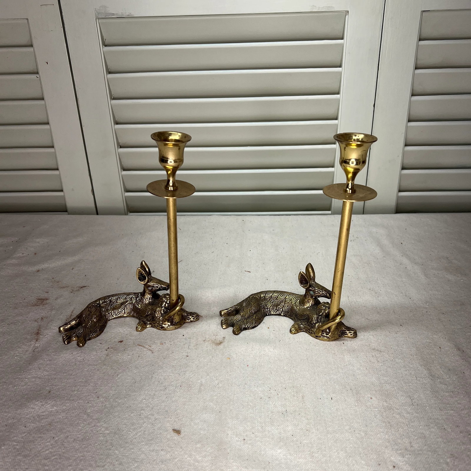 Laying Deer Brass Candleholders - a Pair - 2