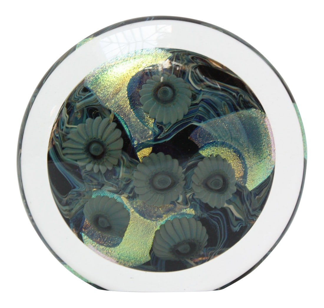 Robert Eickholt Art Glass Floral Paperweight: Signed art glass paperweight by renowned Ohio glass blower / artist, Robert Eickholt. Round shape, clear form with an interior suspended, colorful design depicting jellyfish and other abstract