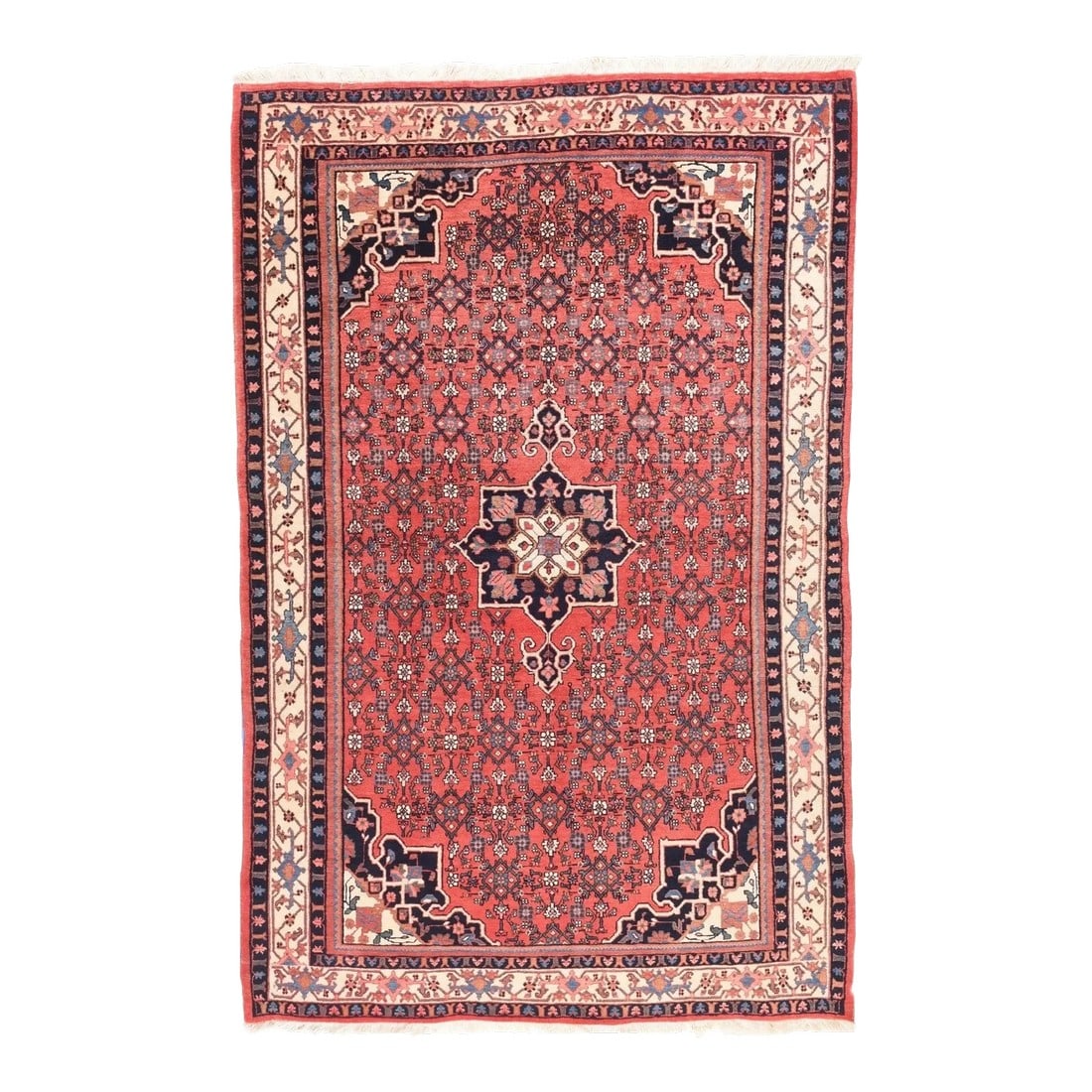 Vintage Bidjar Rug 4'11'' x 8'3'': This is a semi-fine Kurdish city scatter with a type reputation for eternal durability as well as looking pretty good. A small navy octogramme medallion hosts a smaller conforming ivory