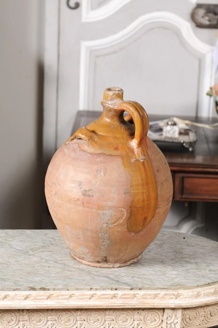Rustic French 19th Century Pottery Jug with Yellow Glaze and Three Handles - 11