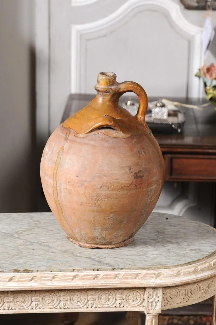 Rustic French 19th Century Pottery Jug with Yellow Glaze and Three Handles - 12