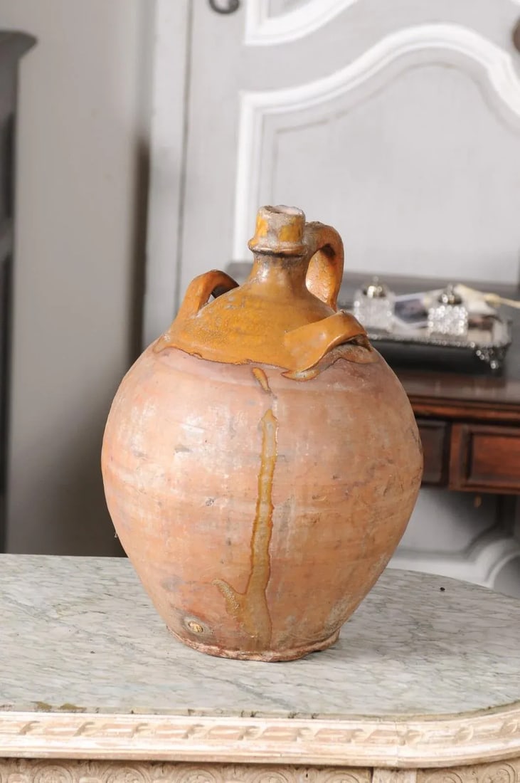 Rustic French 19th Century Pottery Jug with Yellow Glaze and Three Handles - 2