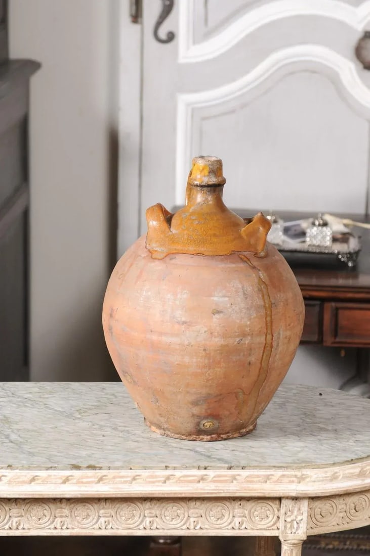 Rustic French 19th Century Pottery Jug with Yellow Glaze and Three Handles - 3