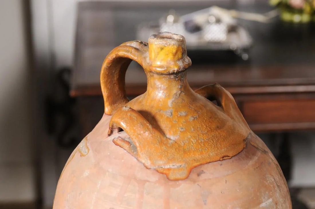 Rustic French 19th Century Pottery Jug with Yellow Glaze and Three Handles - 7