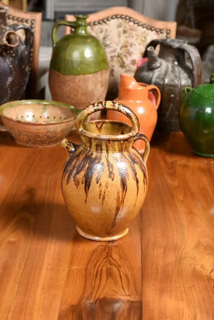 Rustic French 19th Century Olive Oil Pottery Jug with Brown and Mustard Glaze - 12