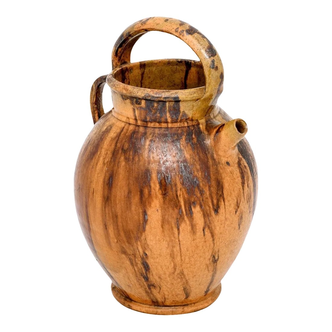 Rustic French 19th Century Olive Oil Pottery Jug with Brown and Mustard Glaze (1 of 12)