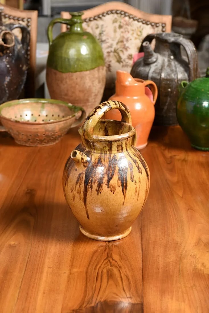 Rustic French 19th Century Olive Oil Pottery Jug with Brown and Mustard Glaze - 2