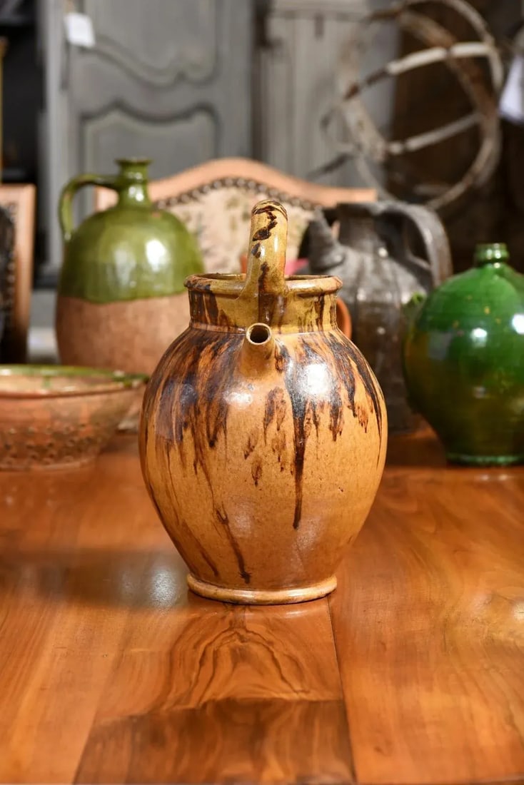 Rustic French 19th Century Olive Oil Pottery Jug with Brown and Mustard Glaze - 3
