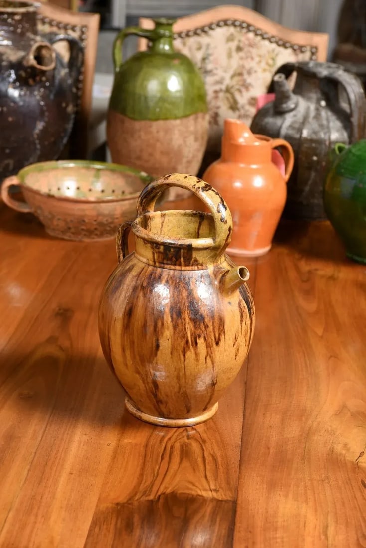 Rustic French 19th Century Olive Oil Pottery Jug with Brown and Mustard Glaze - 5
